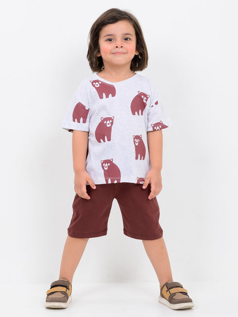 Oversized Bear Buddy Cotton Short Set (Light Grey-Brownish Red)